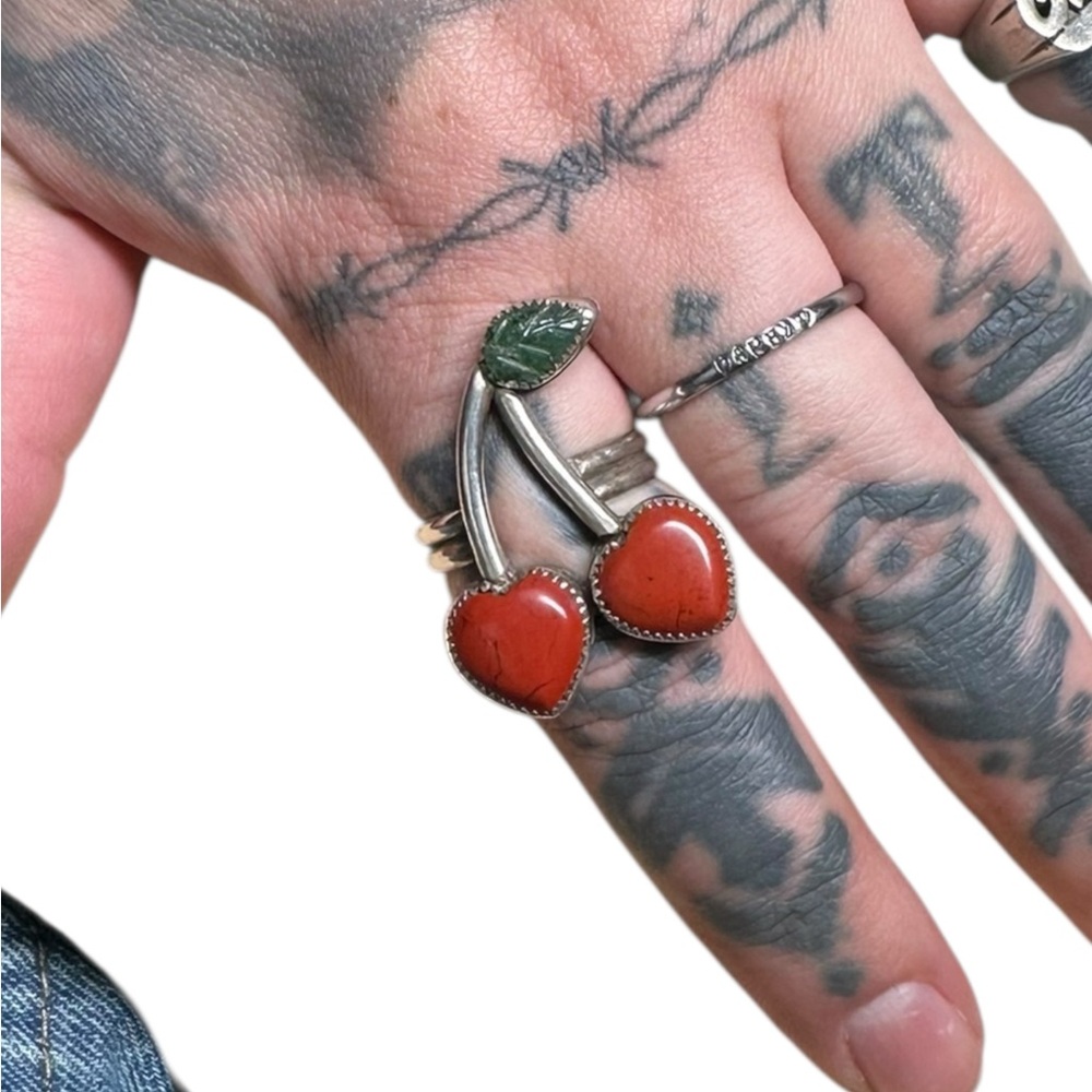 Cherry sterling Silver Ring with Red and Green jade  Accents